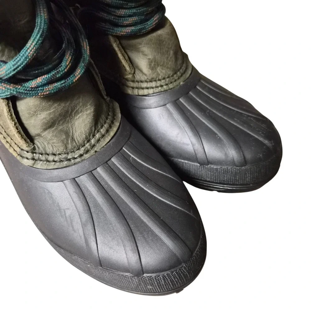 Vintage Sorel Badger Women 6 Olive Green Black Leather Faux Fur Duck Boot Canada